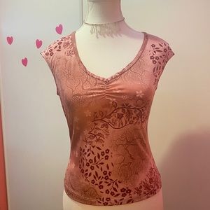 Y2K Pink Peach Floral Ruched V Neck Flutter Split Sleeve Shirt